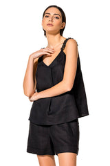 BLACK RAFIA STRAP LINEN TOP
