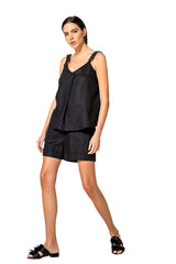 BLACK RAFIA STRAP LINEN TOP