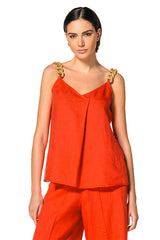CHERRY RAFIA STRAP LINEN TOP