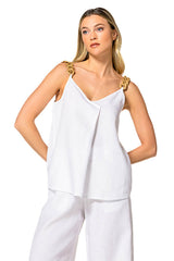 WHITE RAFIA STRAP LINEN TOP