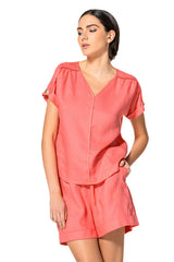 PEACH V-NECK LINEN BLOUSE