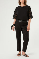 AGIO BLACK BRODERIE ANGLAISE BELL SLEEVES T-SHIRT