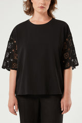 AGIO BLACK BRODERIE ANGLAISE BELL SLEEVES T-SHIRT