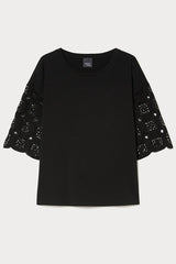 AGIO BLACK BRODERIE ANGLAISE BELL SLEEVES T-SHIRT