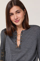 GREY TUNISIAN COLLAR MERINO WOOL SWEATER