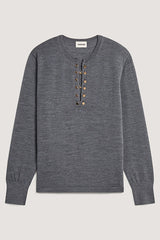 GREY TUNISIAN COLLAR MERINO WOOL SWEATER