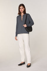 GREY TUNISIAN COLLAR MERINO WOOL SWEATER