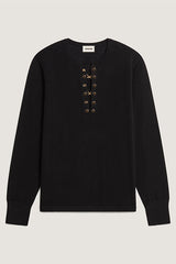 BLACK TUNISIAN COLLAR MERINO WOOL SWEATER