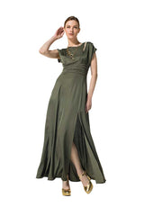 KHAKI SHINY VISCOSE MAXI DRESS