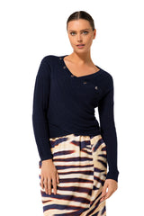 MIDNIGHT BLUE FITTED WRAP-EFFECT PULLOVER