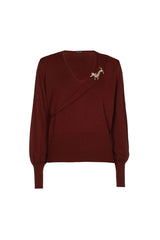 BURGUNDY DETACHABLE BROOCH FINE-KNIT JUMPER
