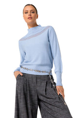 SKY BLUE OPENWORK EFFECT FINE-KNIT LOOSE PULLOVER