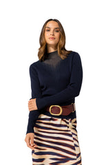 MIDNIGHT BLUE RIBBED JERSEY FITTED DRESSY PULLOVER