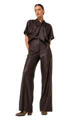 COFFEE VEGAN LEATHER STRAIGHT TROUSERS