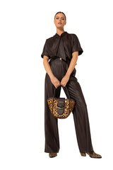 COFFEE VEGAN LEATHER STRAIGHT TROUSERS