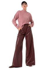 WINE RED VEGAN LEATHER PALAZZO TROUSERS