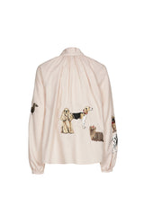 DOG EMBROIDERY STRAIGHT-FITTING BLOUSE