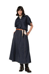BELT DETAIL PLAYFUL MIDI DENIM SKIRT