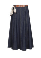 BELT DETAIL PLAYFUL MIDI DENIM SKIRT