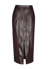 BROWN VEGAN LEATHER FITTED COMFORTABLE MIDI SKIRT