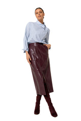 BROWN VEGAN LEATHER FITTED COMFORTABLE MIDI SKIRT