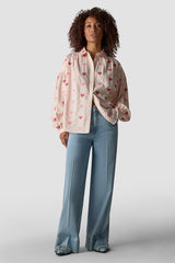 HEART EMBROIDERY WIDE-CUT STRIPED BLOUSE