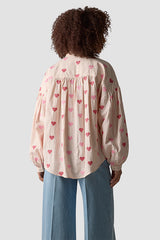 HEART EMBROIDERY WIDE-CUT STRIPED BLOUSE