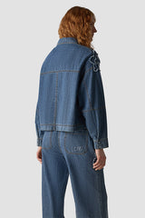 FRAYED APPLIQUES DENIM BLOUSE