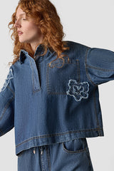 FRAYED APPLIQUES DENIM BLOUSE