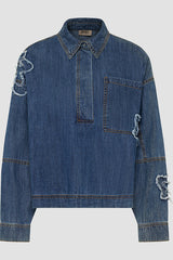 FRAYED APPLIQUES DENIM BLOUSE