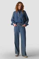 FRAYED APPLIQUES WIDE-LEG JEANS
