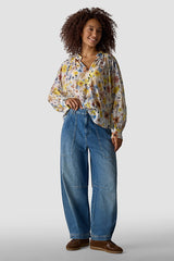 FLORAL PRINT STAND-UP COLLAR BLOUSE