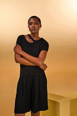 BLACK ASYMMETRICAL NECK SWEATER