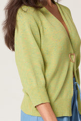 LIME GREEN MOTTLED COTTON OPEN-FRONT CARDIGAN
