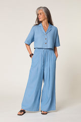BLUE WIDE-LEG CHAMBRAY TROUSERS