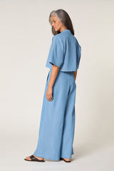 BLUE WIDE-LEG CHAMBRAY TROUSERS