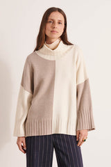 ALPES WHITE MERINO WOOL INTARSIA CASHMERE KNIT SWEATER