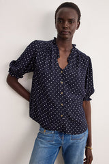 CALIEE NAVY POLKA DOT RUFFLE SHIRT