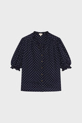 CALIEE NAVY POLKA DOT RUFFLE SHIRT