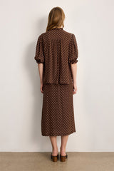 CALIEE TAUPE POLKA DOT RUFFLE SHIRT