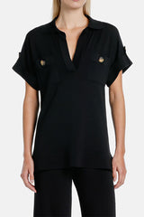 CAPENA BLACK KNIT POLO TOP
