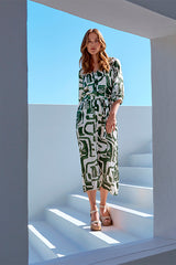 GREEN GRAPHIC PRINT STRAIGHT SUPPLE DRESS