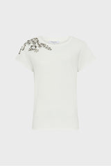 GWENN WHITE JEWELLED SHOULDER COTTON T-SHIRT