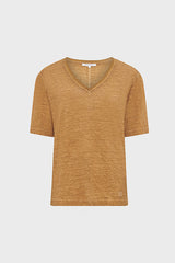 GRETA CAMEL LINEN LOOSE V-NECK T-SHIRT