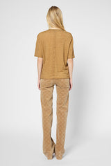 GRETA CAMEL LINEN LOOSE V-NECK T-SHIRT