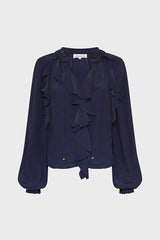 AGNELLA NAVY RUFFLED SATIN SHIRT