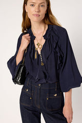 AGNELLA NAVY RUFFLED SATIN SHIRT