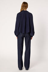 AGNELLA NAVY RUFFLED SATIN SHIRT