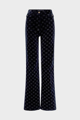 ANNA NAVY MONOGRAM FLARED VELVET TROUSERS