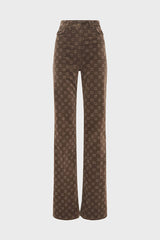 ANNA COFFEE MONOGRAM FLARED VELVET TROUSERS